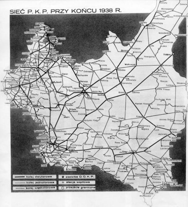 Schemat linii kolejowych w 1938 roku